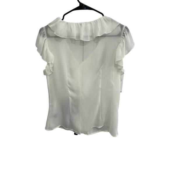 Metro 7 Sheer Cap Sleeve  V-Neck Ruffle Blouse Eggshell Sz Medium Career Office - Picture 2 of 10